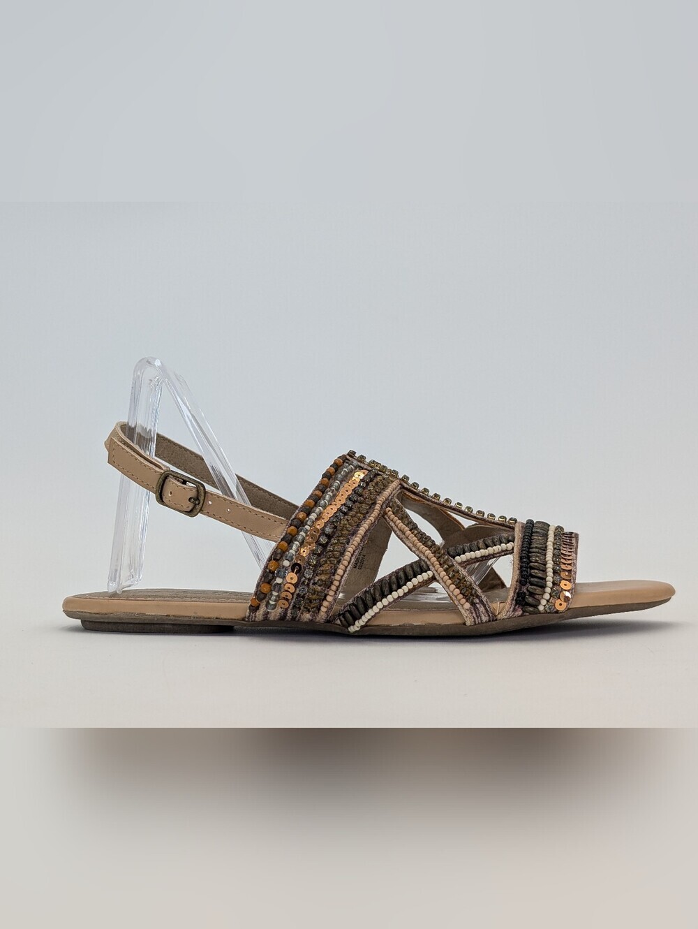 Kenneth Cole Reaction Sz 7.5M Bronze/Taupe With Beads/Sequin & Criss-Cross Strap - Picture 3 of 17